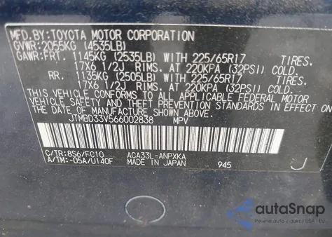 2006 Toyota Rav4 из США, поврежденный, VIN JTMBD33V566002838